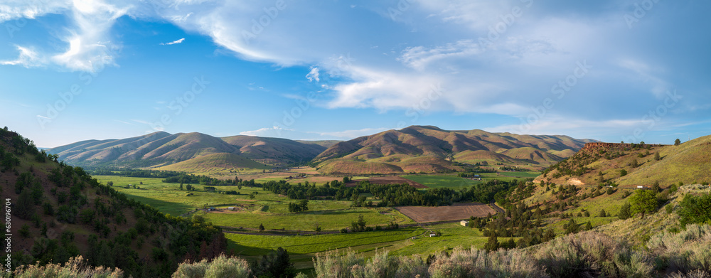 Panorama of the verdant farm fields of Tygh Valley, Oregon, USA