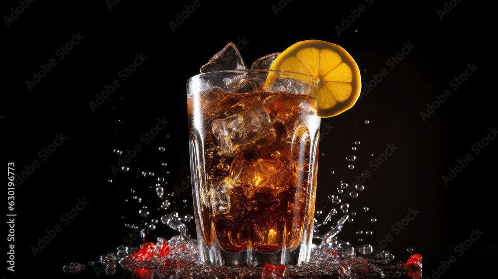 Photo of large glass of cola sprinkled with water lemon, Generative Ai Photo of large glass of cola sprinkled with water lemon, Generative Ai