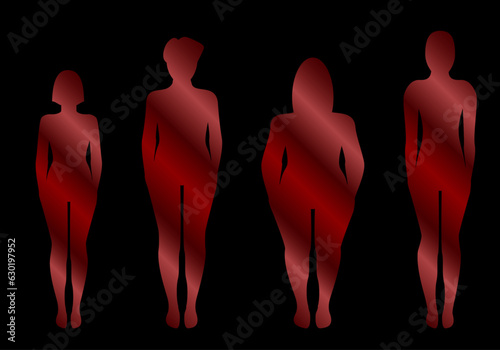 Mujeres en la sombra. Silueta de mujeres en degradado rojo negro sobre fondo negro
