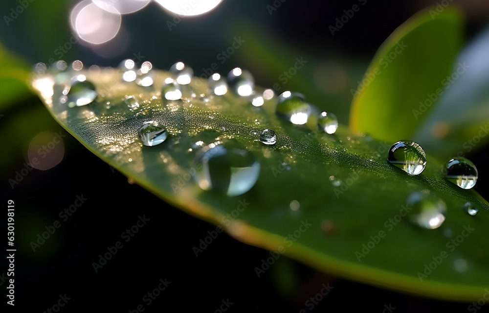 Crystal Water Droplets Resting on a Green Leaf Crystal Water Droplets Resting on a Green Leaf