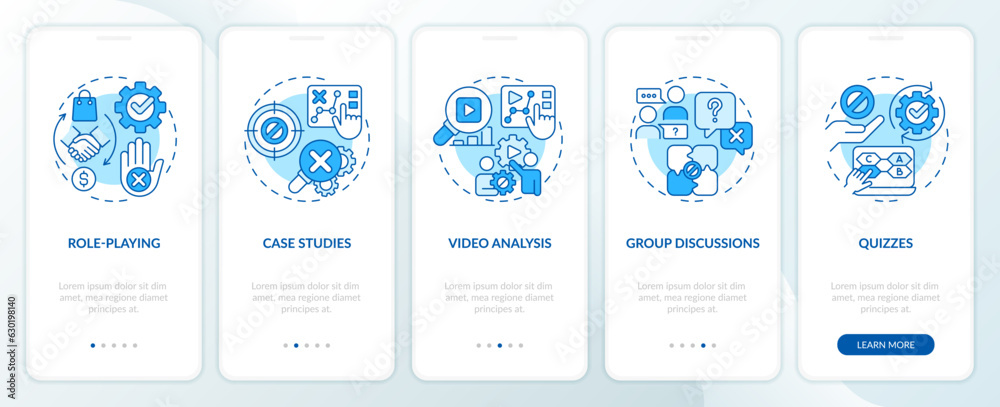 Objection handling training blue onboarding mobile app screen. Sales closing walkthrough 5 steps editable graphic instructions with linear concepts. UI template. Myriad Pro-Bold, Regular fonts used