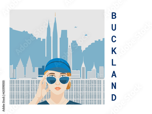 Square flat design tourism poster with a cityscape illustration of Buckland (United States)