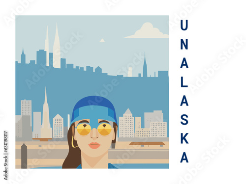 Square flat design tourism poster with a cityscape illustration of Unalaska (United States)
