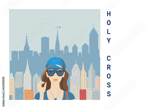 Square flat design tourism poster with a cityscape illustration of Holy Cross (United States)