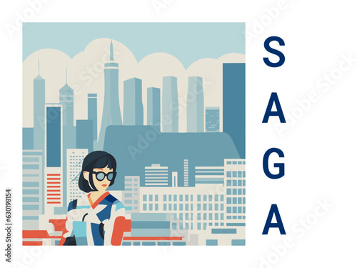 Square flat design tourism poster with a cityscape illustration of Saga (Japan)