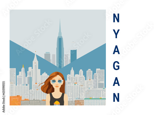 Square flat design tourism poster with a cityscape illustration of Nyagan (Russia)