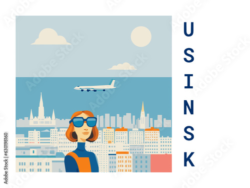 Square flat design tourism poster with a cityscape illustration of Usinsk (Russia)