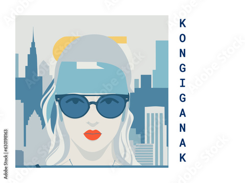 Square flat design tourism poster with a cityscape illustration of Kongiganak (United States)