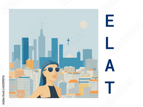 Square flat design tourism poster with a cityscape illustration of Elat (Israel)