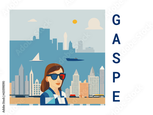 Square flat design tourism poster with a cityscape illustration of Gaspe (Canada)