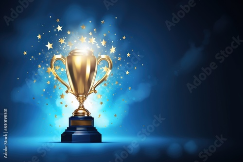 Fotobehang Generative AI, Winner trophy with flames, blue golden champion cup with falling confetti on blue background