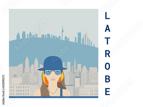 Square flat design tourism poster with a cityscape illustration of Latrobe (United States)