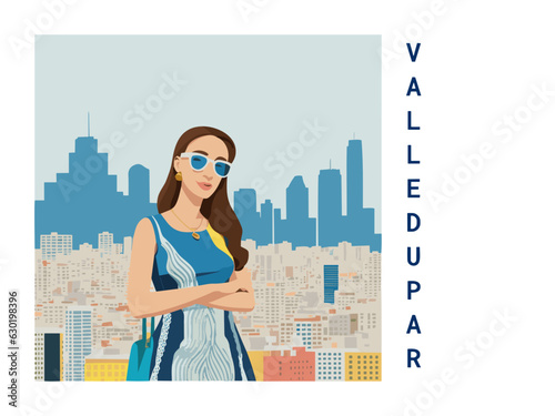 Square flat design tourism poster with a cityscape illustration of Valledupar (Colombia) photo