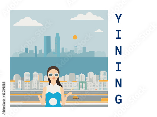 Square flat design tourism poster with a cityscape illustration of Yining (China)