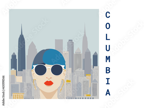Square flat design tourism poster with a cityscape illustration of Columbia (United States)