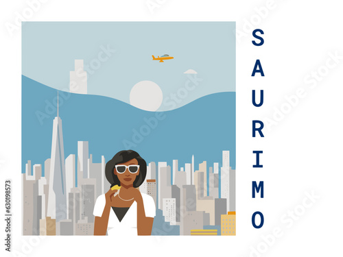 Square flat design tourism poster with a cityscape illustration of Saurimo (Angola)