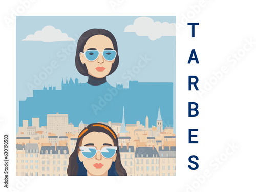 Square flat design tourism poster with a cityscape illustration of Tarbes (France)
