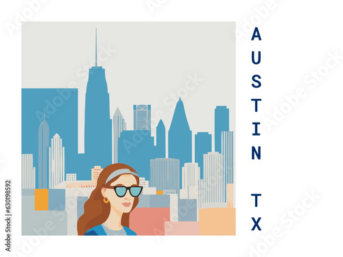 Square flat design tourism poster with a cityscape illustration of Austin TX (United States)