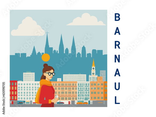 Square flat design tourism poster with a cityscape illustration of Barnaul (Russia)