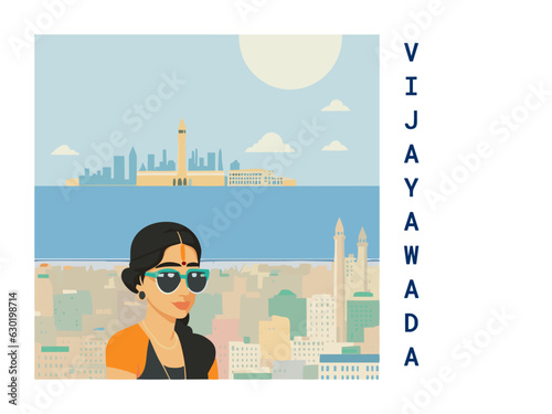 Square flat design tourism poster with a cityscape illustration of Vijayawada (India)