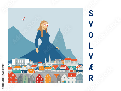 Square flat design tourism poster with a cityscape illustration of Svolvær (Norway)