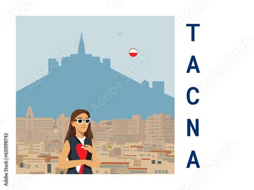 Square flat design tourism poster with a cityscape illustration of Tacna (Peru) photo