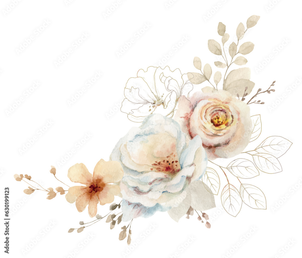 Watercolor vector wreath with flowers and leaves isolated on a white ...