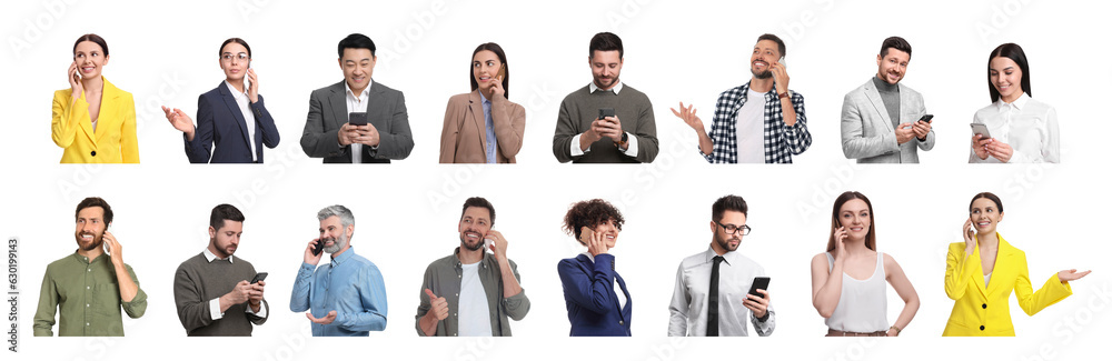 Collage with photos of people using mobile phones on white background Collage with photos of people using mobile phones on white background