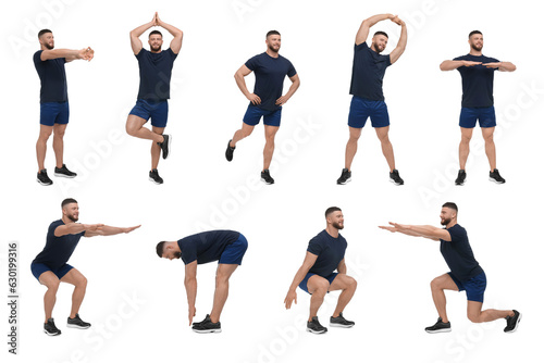 Young man doing morning exercises on white background, collage design