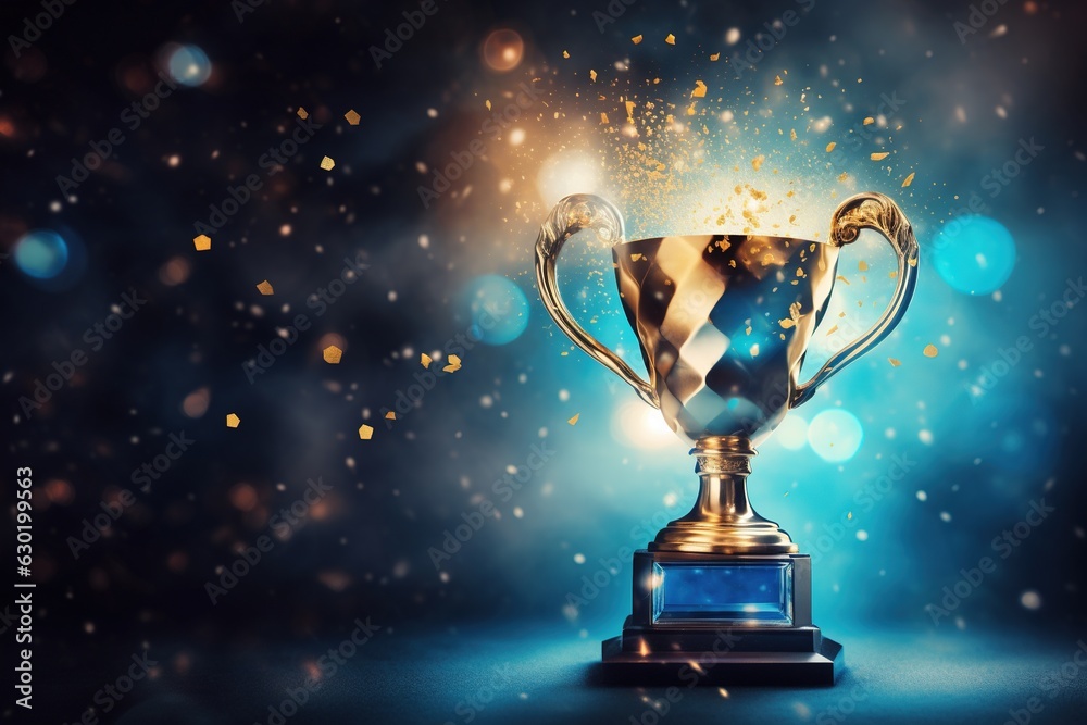 Generative AI, Winner trophy with flames, blue golden champion cup with falling confetti on blue background. Generative AI, Winner trophy with flames, blue golden champion cup with falling confetti on blue background.
