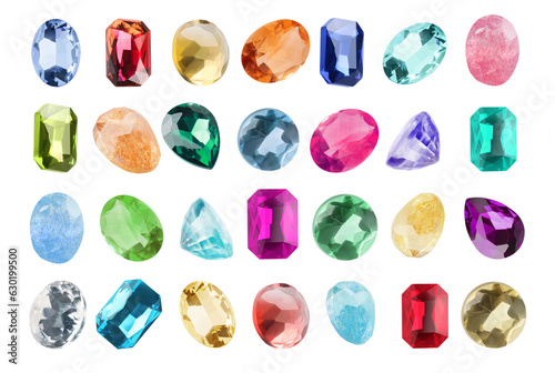 Set of different shiny gemstones for jeweler isolated on white