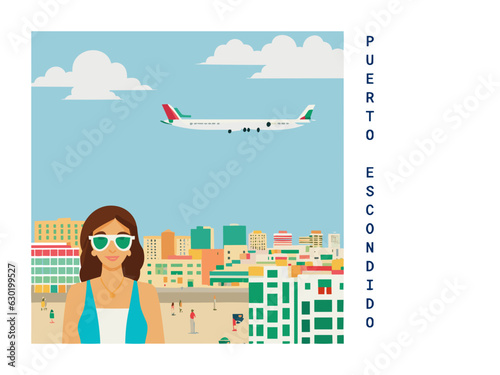 Square flat design tourism poster with a cityscape illustration of Puerto Escondido (Mexico)