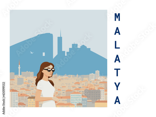 Square flat design tourism poster with a cityscape illustration of Malatya (Turkey)