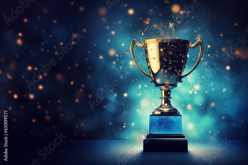 Generative AI, Winner trophy with flames, blue golden champion cup with falling confetti on blue background. © DELstudio