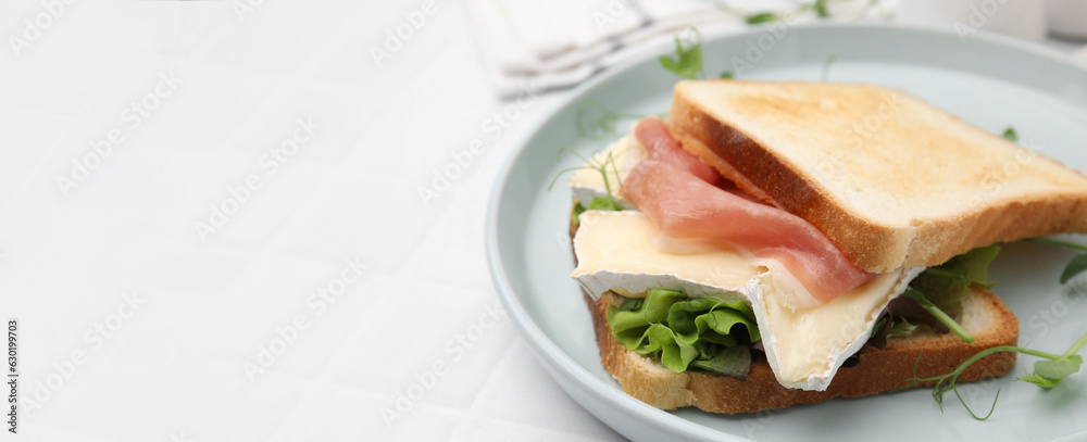 Tasty sandwich with brie cheese and prosciutto on white table, closeup. Banner design with space for text Tasty sandwich with brie cheese and prosciutto on white table, closeup. Banner design with space for text