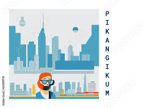 Square flat design tourism poster with a cityscape illustration of Pikangikum (Canada)