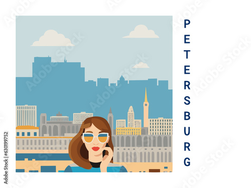 Square flat design tourism poster with a cityscape illustration of Petersburg (United States)