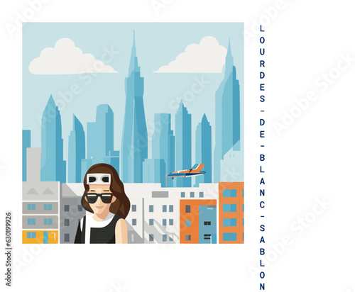 Square flat design tourism poster with a cityscape illustration of Lourdes-De-Blanc-Sablon (Canada)