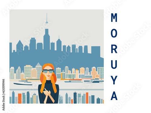 Square flat design tourism poster with a cityscape illustration of Moruya (Australia)
