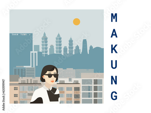 Square flat design tourism poster with a cityscape illustration of Makung (Taiwan)
