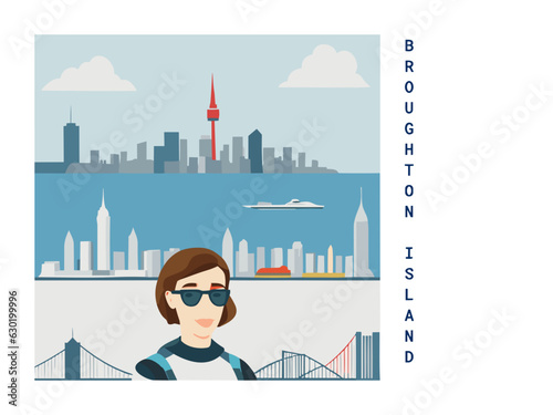 Square flat design tourism poster with a cityscape illustration of Broughton Island (Canada) photo