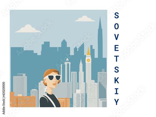 Square flat design tourism poster with a cityscape illustration of Sovetskiy (Russia)