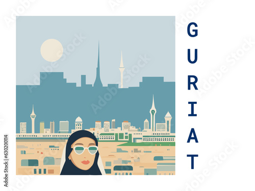 Square flat design tourism poster with a cityscape illustration of Guriat (Saudi Arabia)