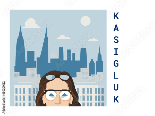 Square flat design tourism poster with a cityscape illustration of Kasigluk (United States)