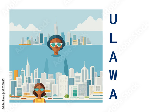 Square flat design tourism poster with a cityscape illustration of Ulawa (Solomon Islands)