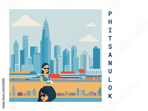 Square flat design tourism poster with a cityscape illustration of Phitsanulok (Thailand)