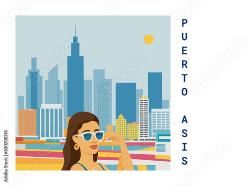 Square flat design tourism poster with a cityscape illustration of Puerto Asis (Colombia)