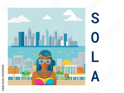 Square flat design tourism poster with a cityscape illustration of Sola (Vanuatu)