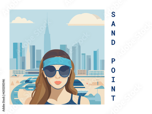 Square flat design tourism poster with a cityscape illustration of Sand Point (United States)