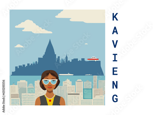 Square flat design tourism poster with a cityscape illustration of Kavieng (Papua New Guinea)